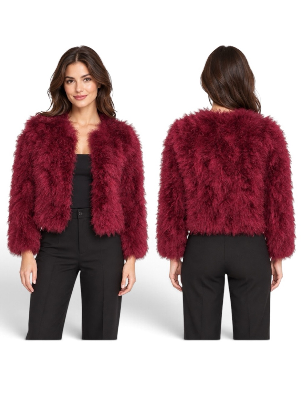 Jocelyn Burgundy Real Feather Cropped Jacket XS